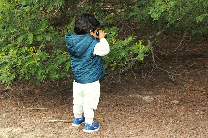Max's little brother Daniel, seen from behind, looking through binoculars at the bush