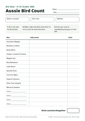 Preview of the Aussie Bird Count Tally Sheet printable
